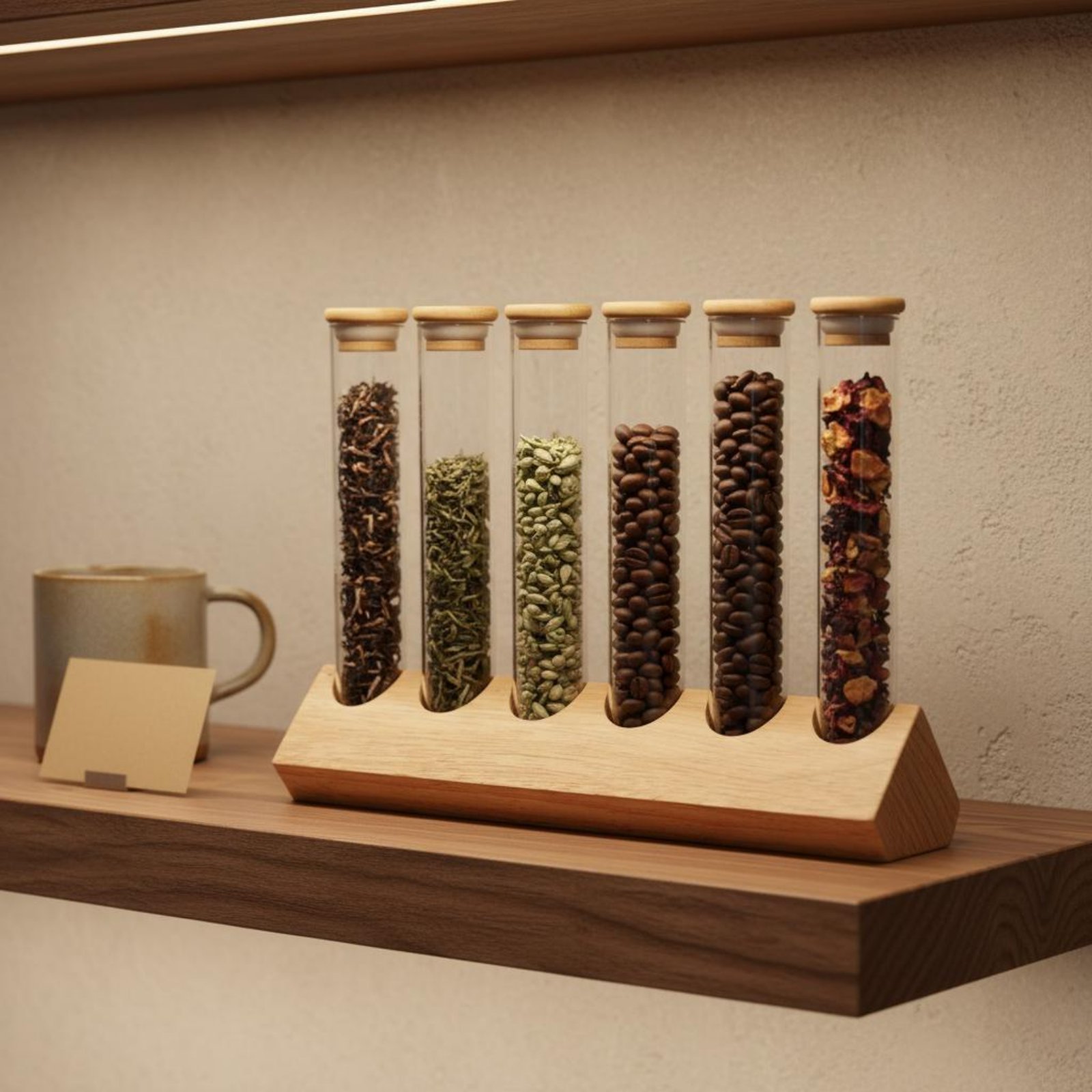 Coffee Bean & Tea Menu - Glazen buisjes set met houten standaard,
